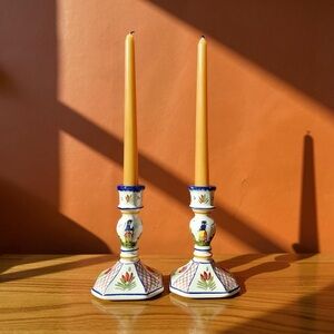 Vintage Henriot Quimper France Candlestick Holders Pair Breton Man and Woman